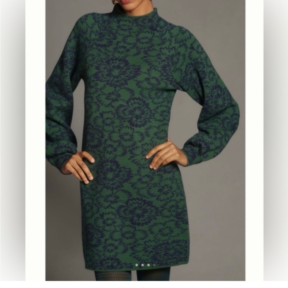 Anthropologie Green and Navy Floral Knit Long-Sleeve Dress
